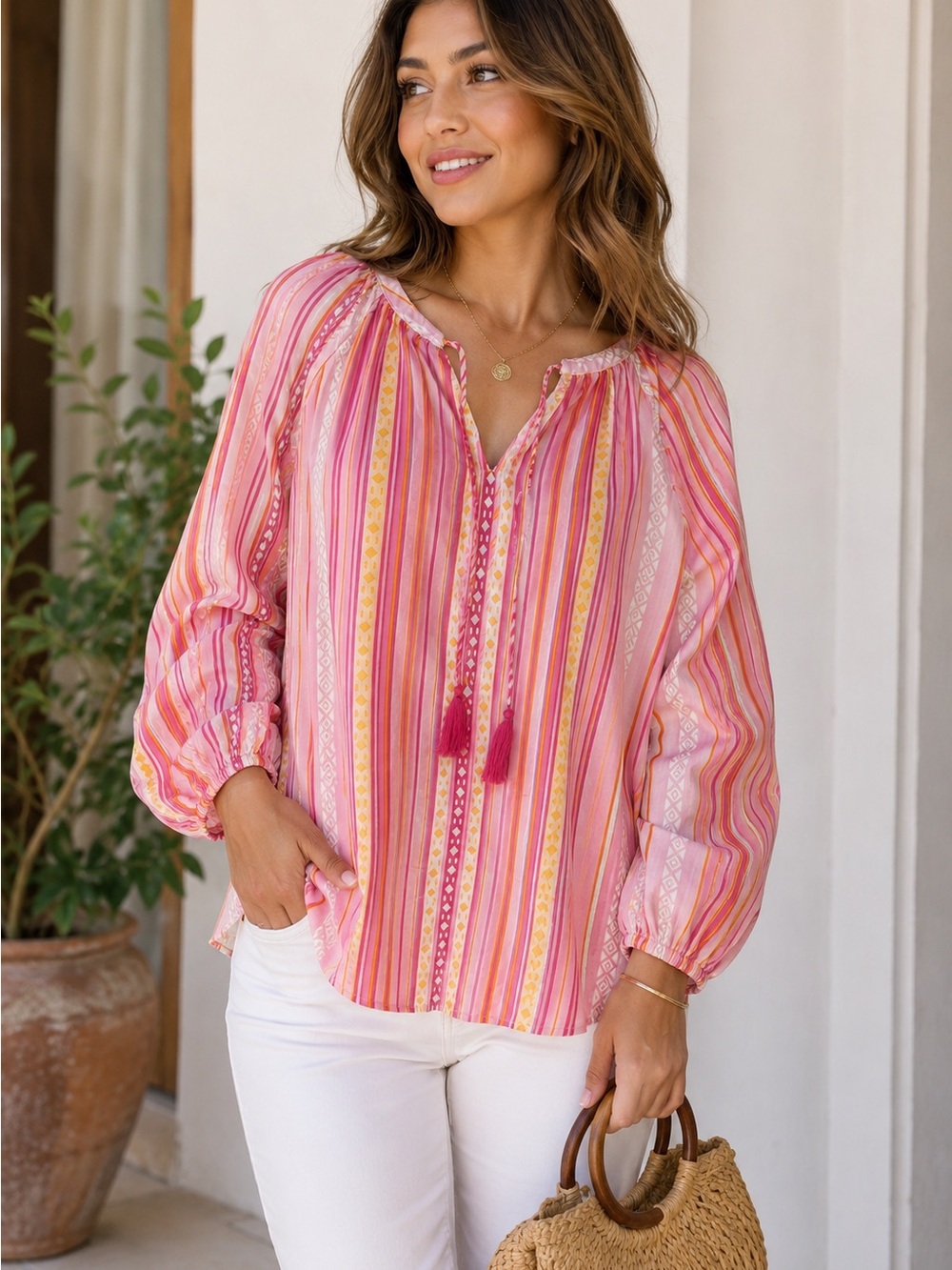 Belle by Kim Gravel Pink Stripe Tassel Peasant Blouse Top A691752 Womens 1X